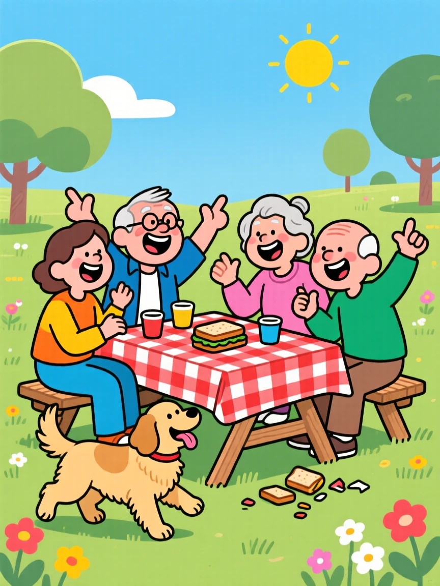 A heartwarming scene of a group of lifelong friends having a picnic in the park with a wobbly tablecloth, with a loyal family dog weaving between their legs.