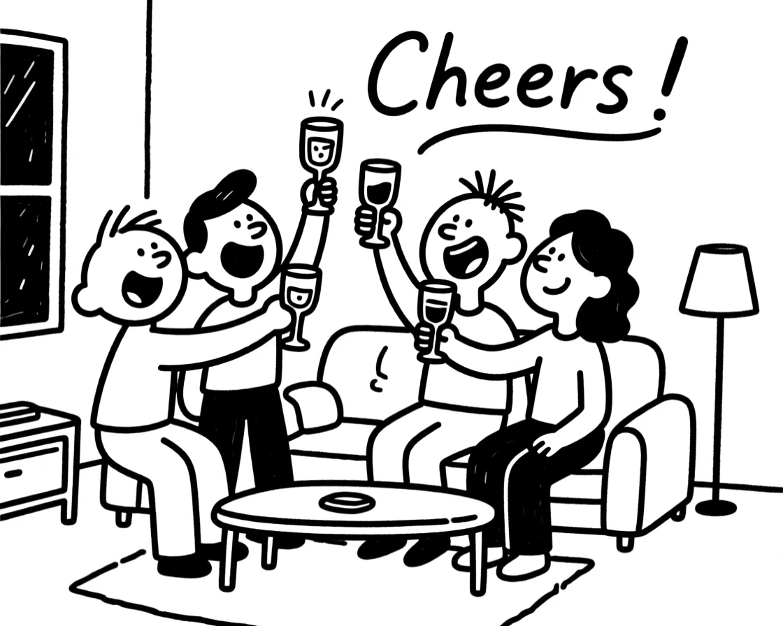 A house-warming party with friends toasting in a newly decorated living room.