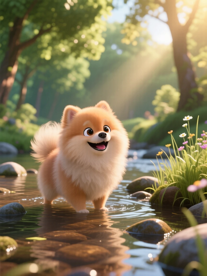 A fluffy Pomeranian is standing knee-deep in a shallow stream, wagging its tail happily. A quiet, comforting sweetness surrounds the scene, with soft light catching its fur.