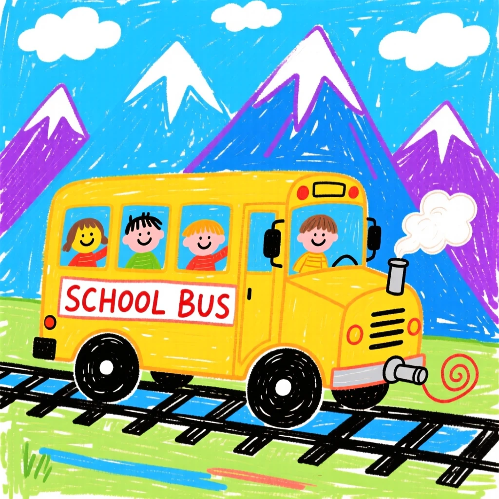 A big yellow school bus chugging along tracks beside a mountain range.