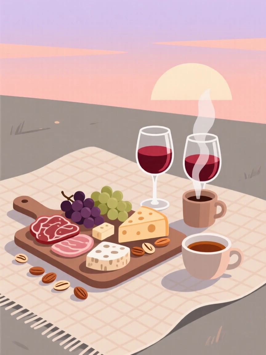 A relaxing sunset picnic with wine and a charcuterie board, set against a backdrop of neutral, calming tones, arranged with balanced symmetry and calming negative space, with subtle steam rising to add a warm, lived-in feel.