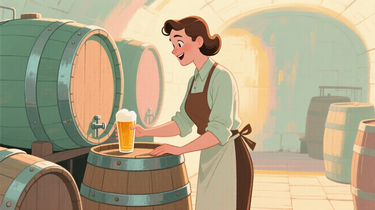 A brewer checking barrels of ale in a cool cellar