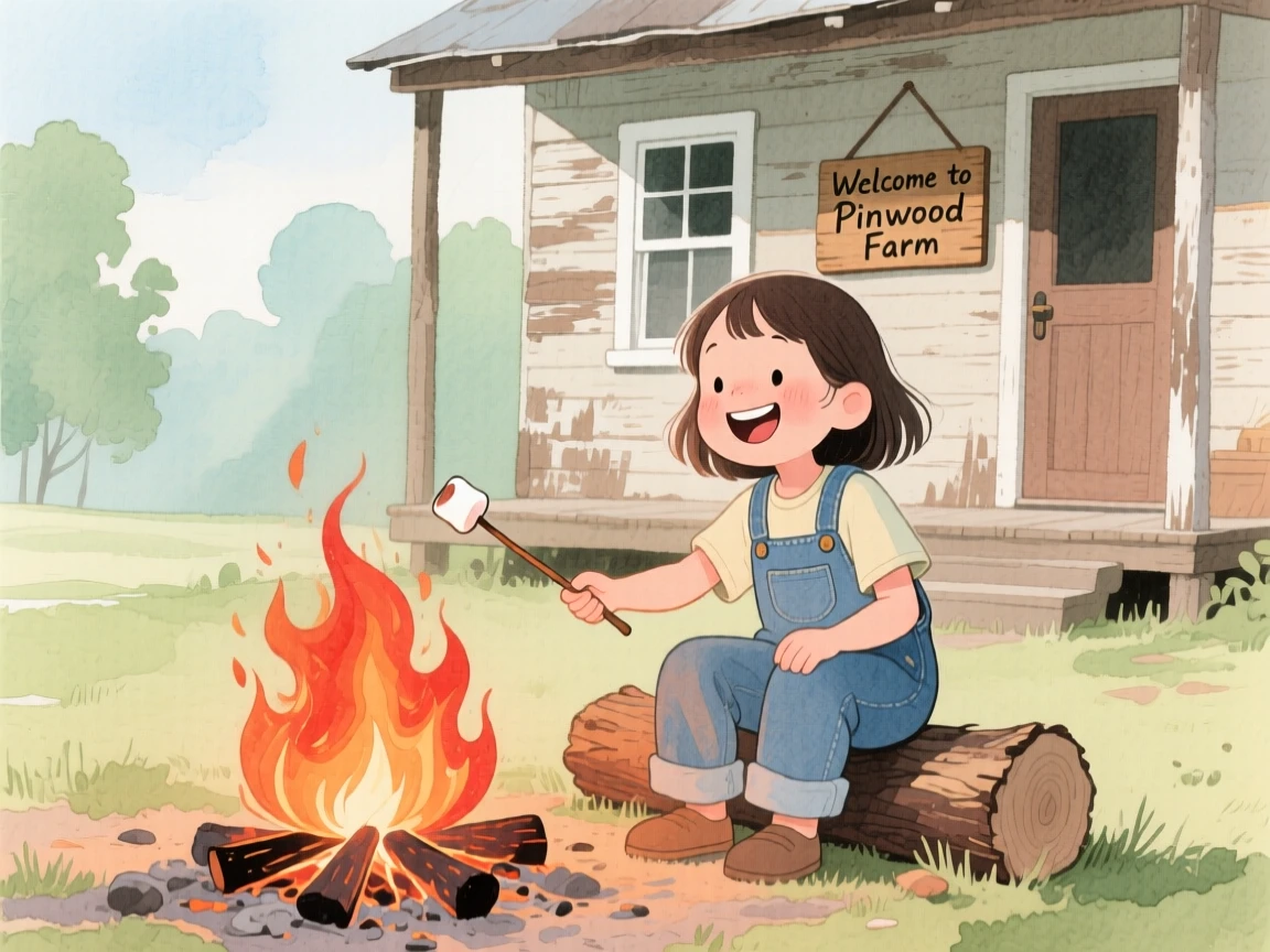 A little girl in overalls roasts marshmallows over a campfire beside a rustic farmhouse, laughter and joy filling the warm afternoon air