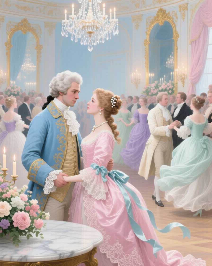 A couple separated by a ballroom crowd but locked in a meaningful glance  