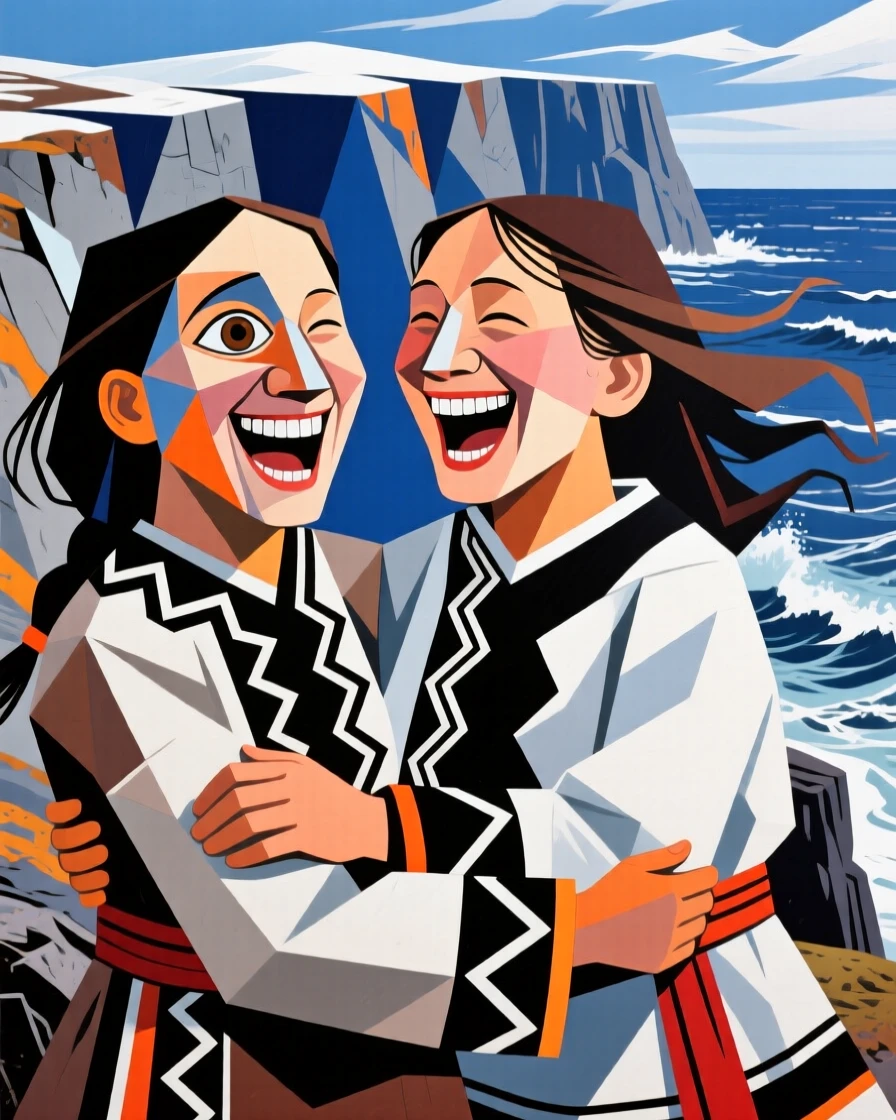 A tender close-up study of twin sisters of Inuit heritage laughing joyfully, on a windswept coastal cliff.