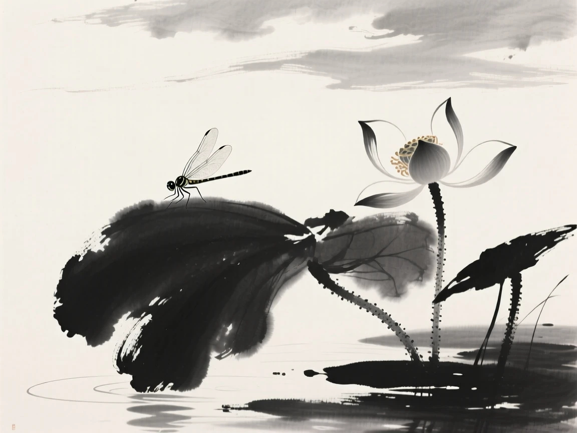 A dragonfly rests on a lotus leaf beside an open blossom, as the pond reflects a sky full of soft clouds.