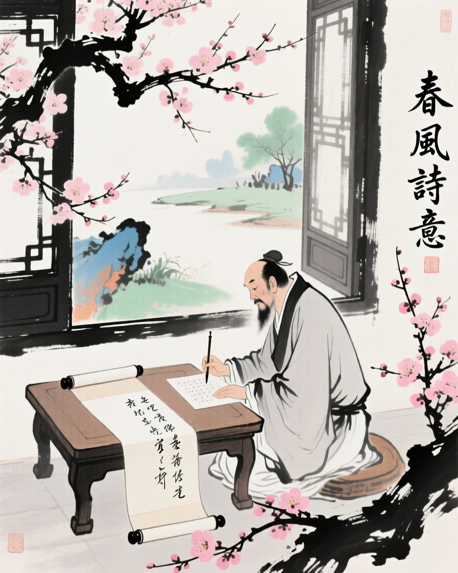 A scholar seated at a low table composing poetry beside an open window, as spring blossoms unfold.