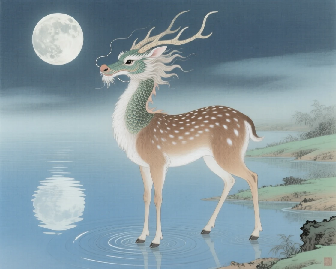 A gentle qilin with a dragon's head and deer's body over a calm lake reflecting the full moon