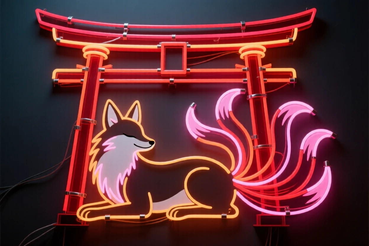 A kitsune with multiple tails resting beneath a torii gate.