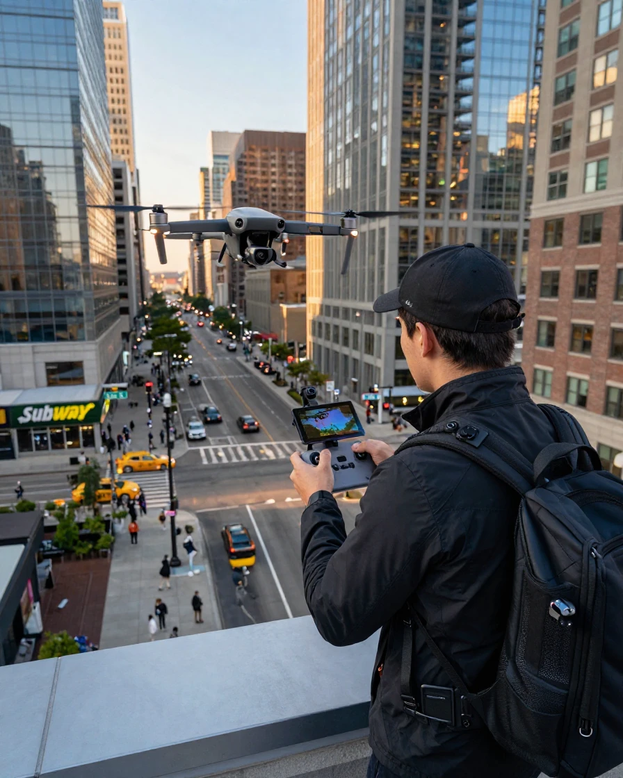 A drone photographer capturing aerial footage over a city