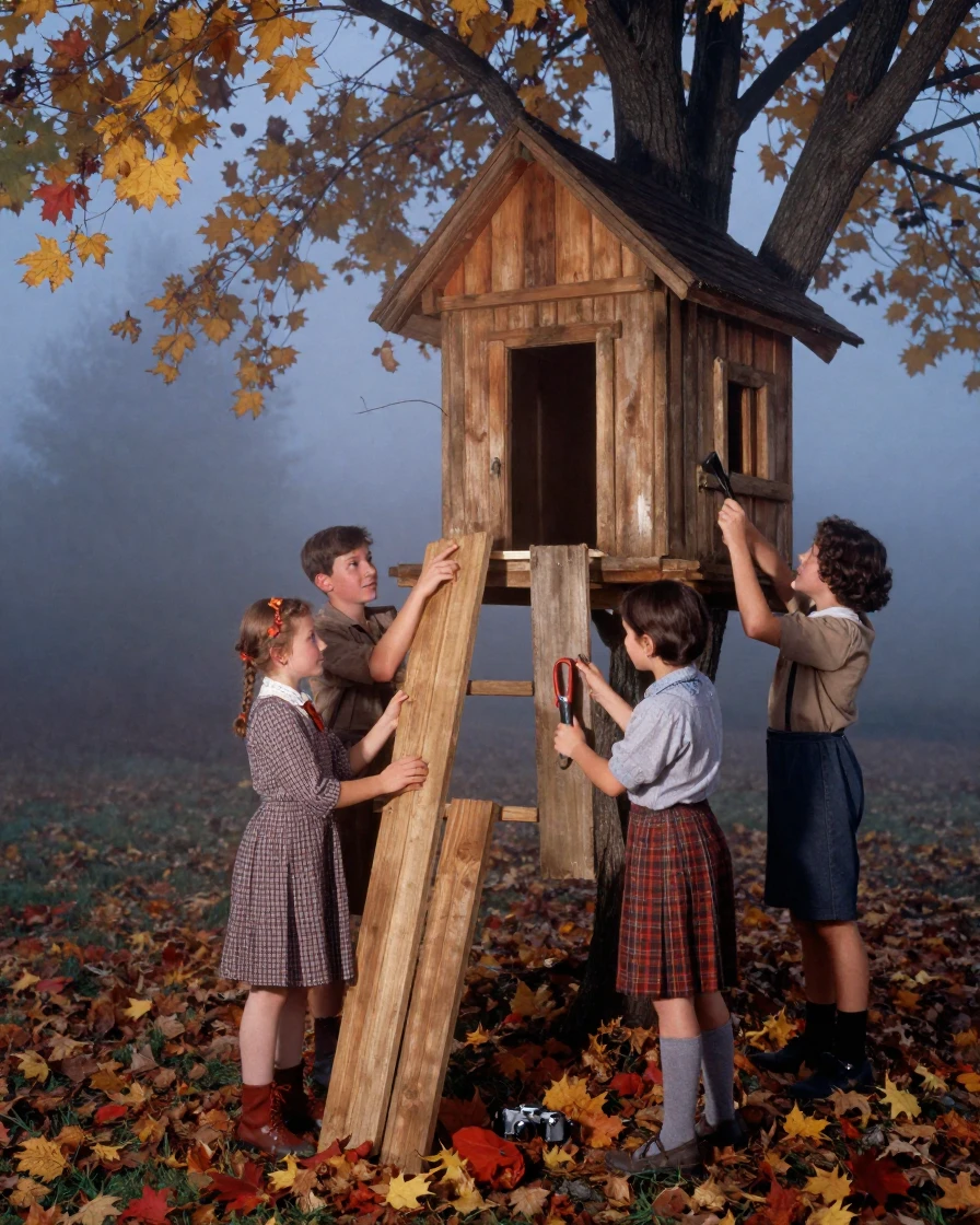 A group of children building a treehouse together, in cool blue twilight, in thick rolling fog, as autumn leaves turn gold and red, in earthy terracotta and ochre shades, from a slightly elevated vantage point.