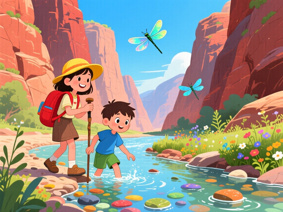 A pair of hiking siblings pauses while wading through a shallow mountain stream in a canyon carved by an old river, while dragonflies dart above the water.