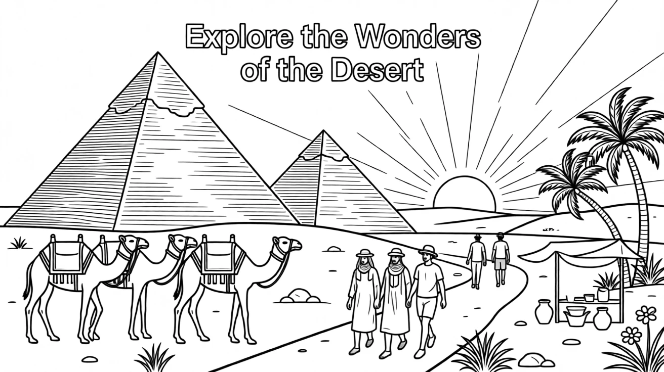 The pyramids of Giza at sunset with camels in silhouette, with locals and travelers strolling nearby.