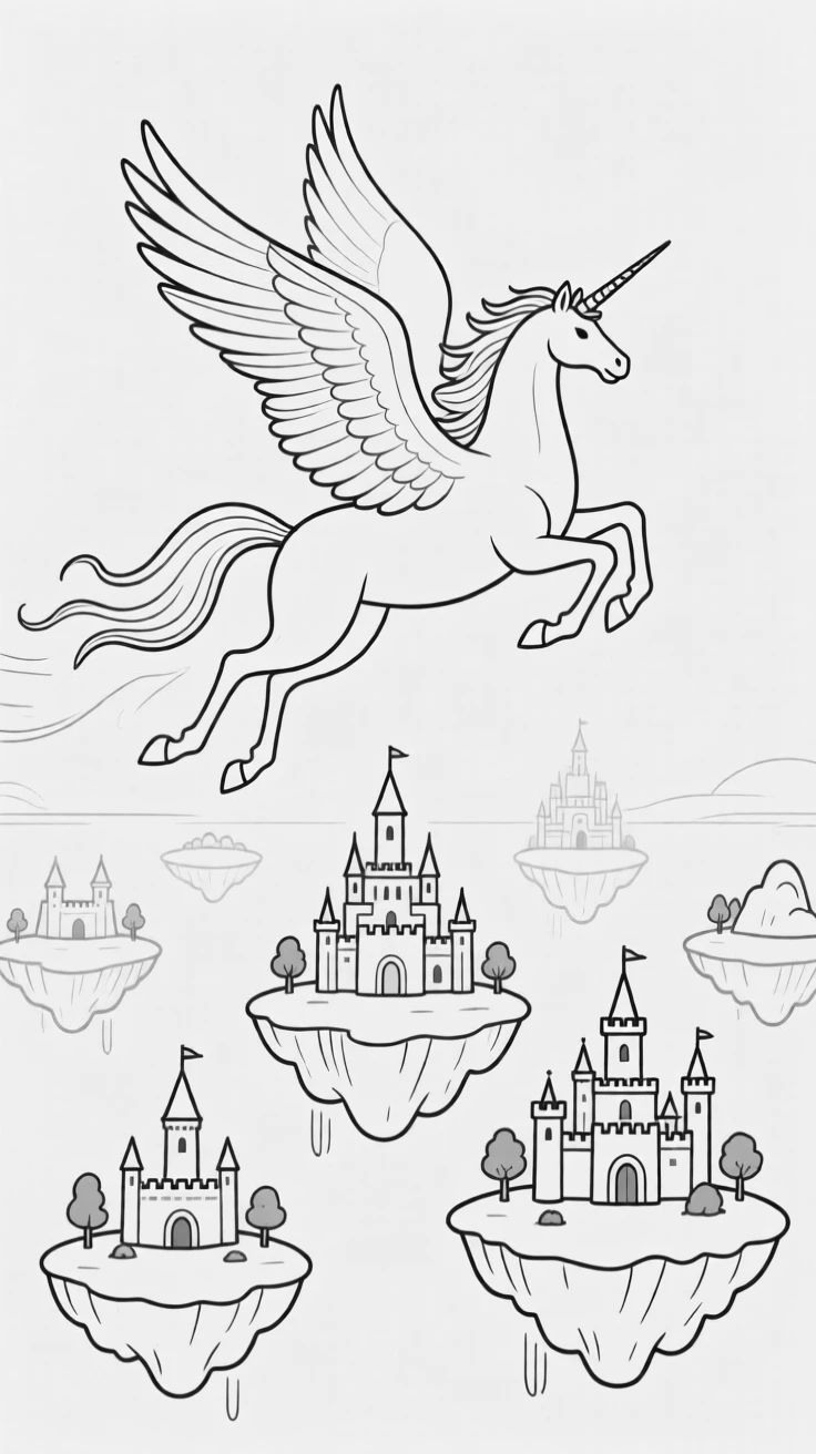 A pegasus soaring above a kingdom of floating islands