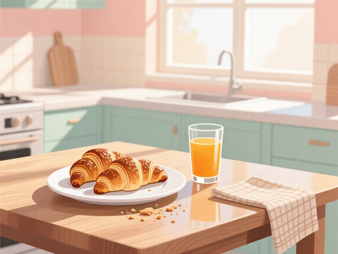 A cozy morning kitchen scene with fresh croissants and orange juice, set in a bright, sunlit room with soft natural light, arranged with layered textures creating visual interest, with gentle pastel tones evoking calm and comfort.
