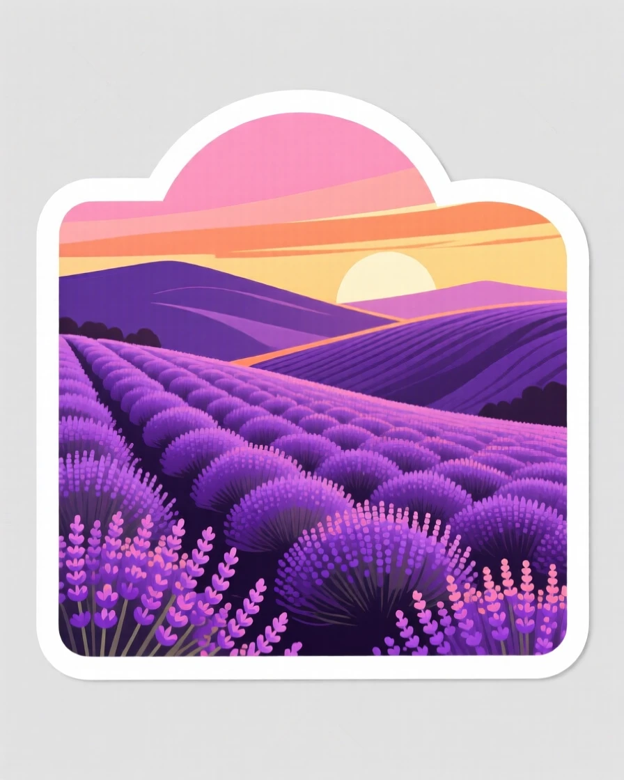 A vibrant rolling hills covered in lavender, reflecting the colors of the sunset, on a peaceful weekend getaway.