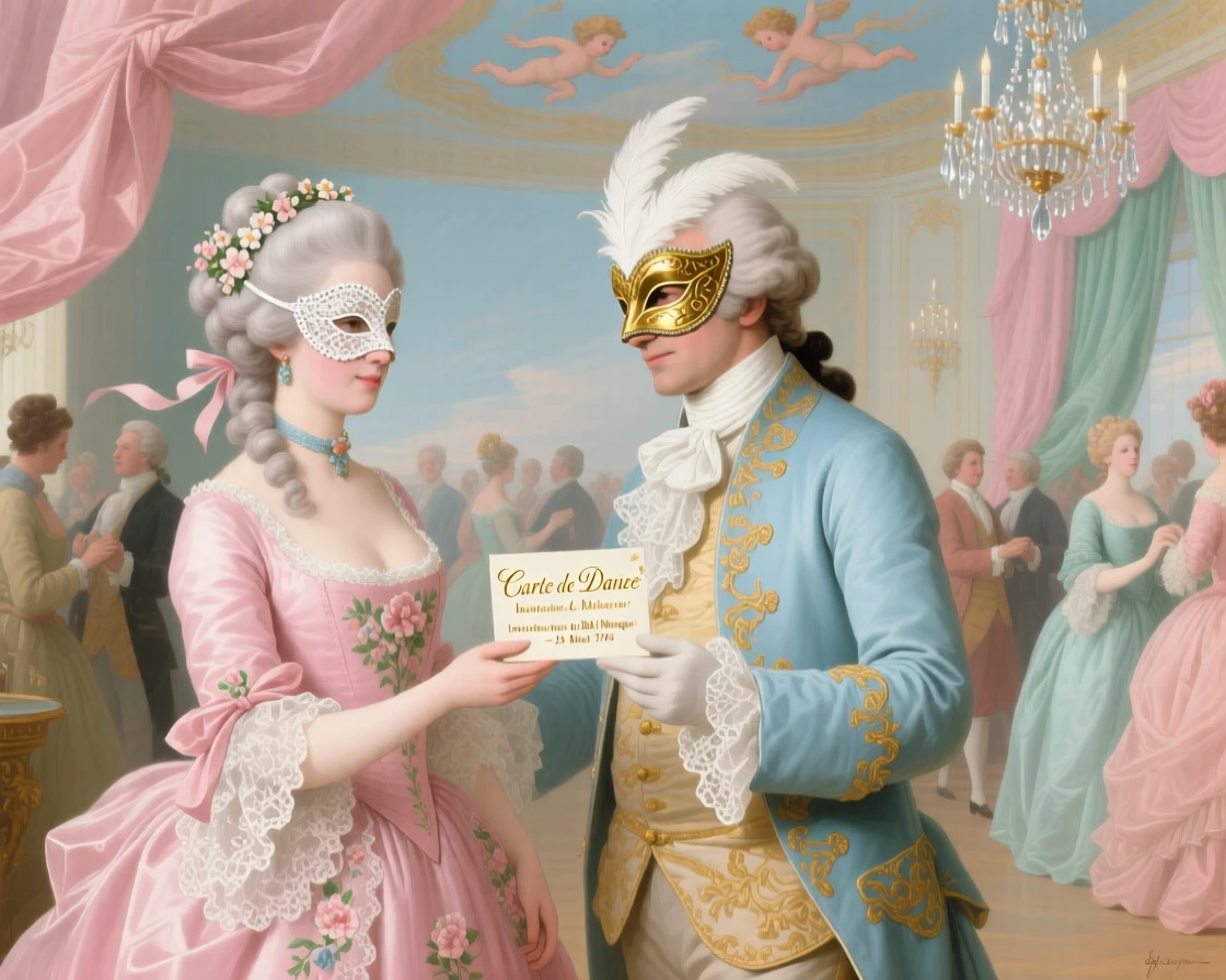 A lady offering a dance card to a gentleman at a masked ball  