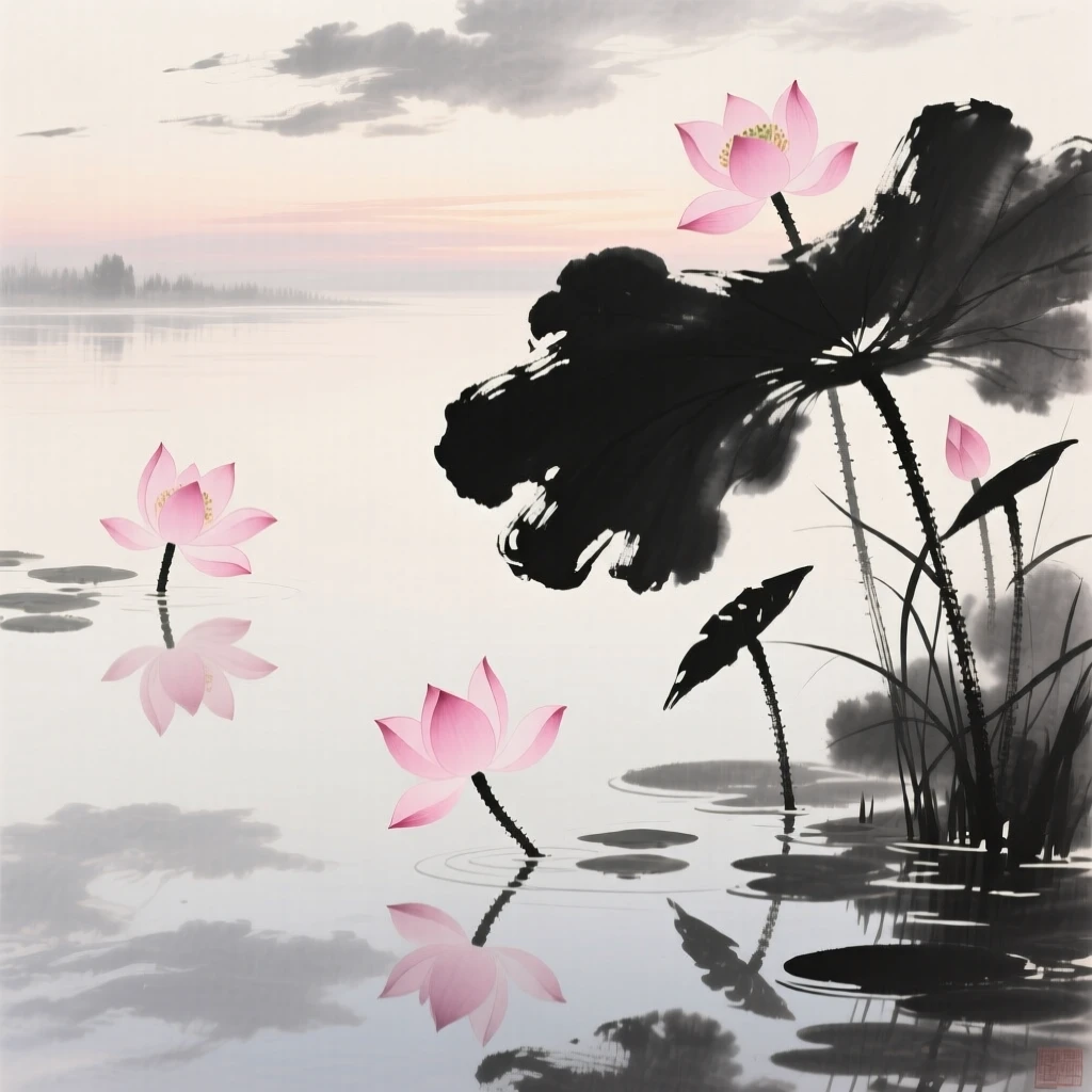 Pink lotus blossoms open across a still pond at dawn, as the pond reflects a sky full of soft clouds.