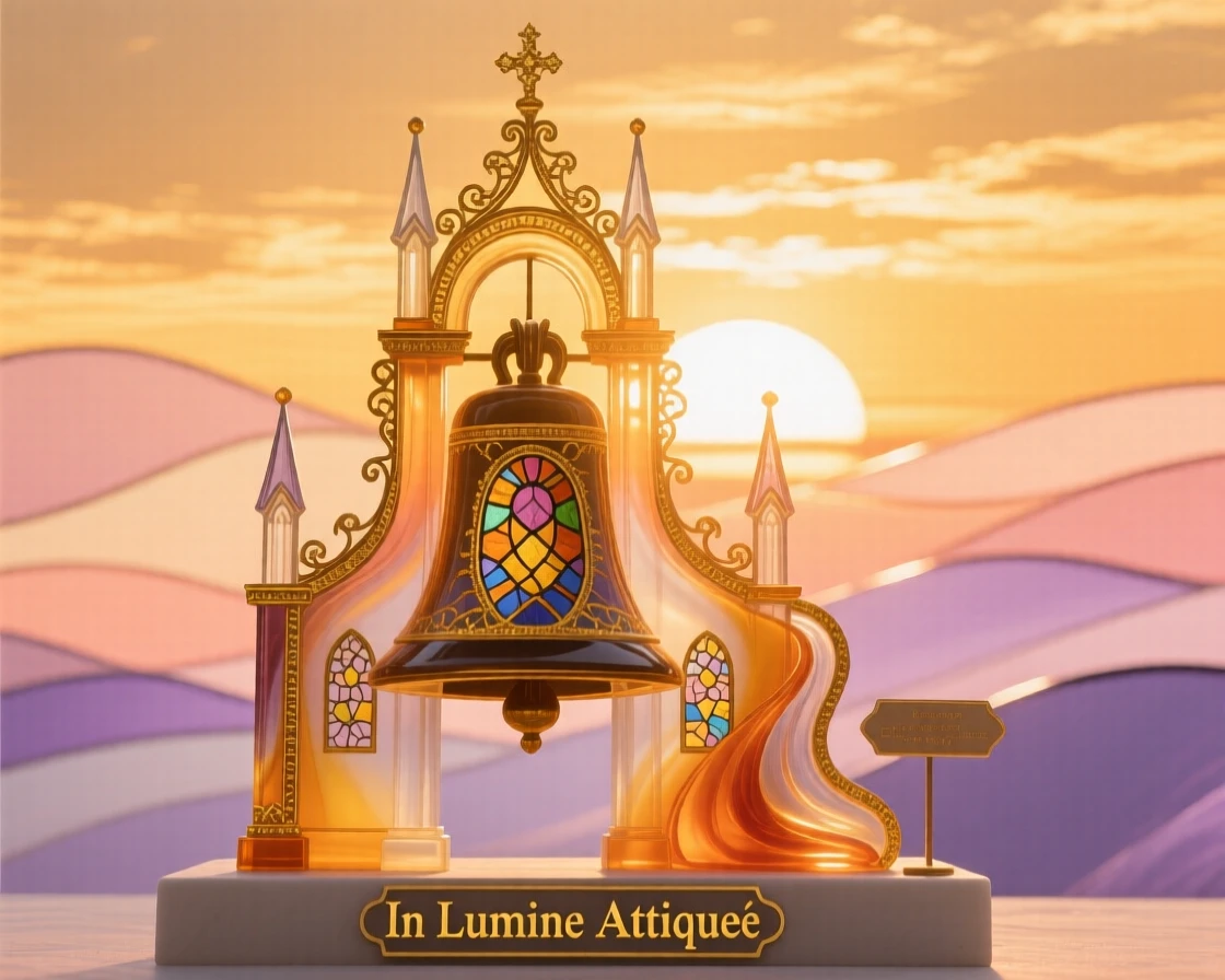 A grand cathedral bell tower silhouetted against a golden sunset sky, majestic and serene.