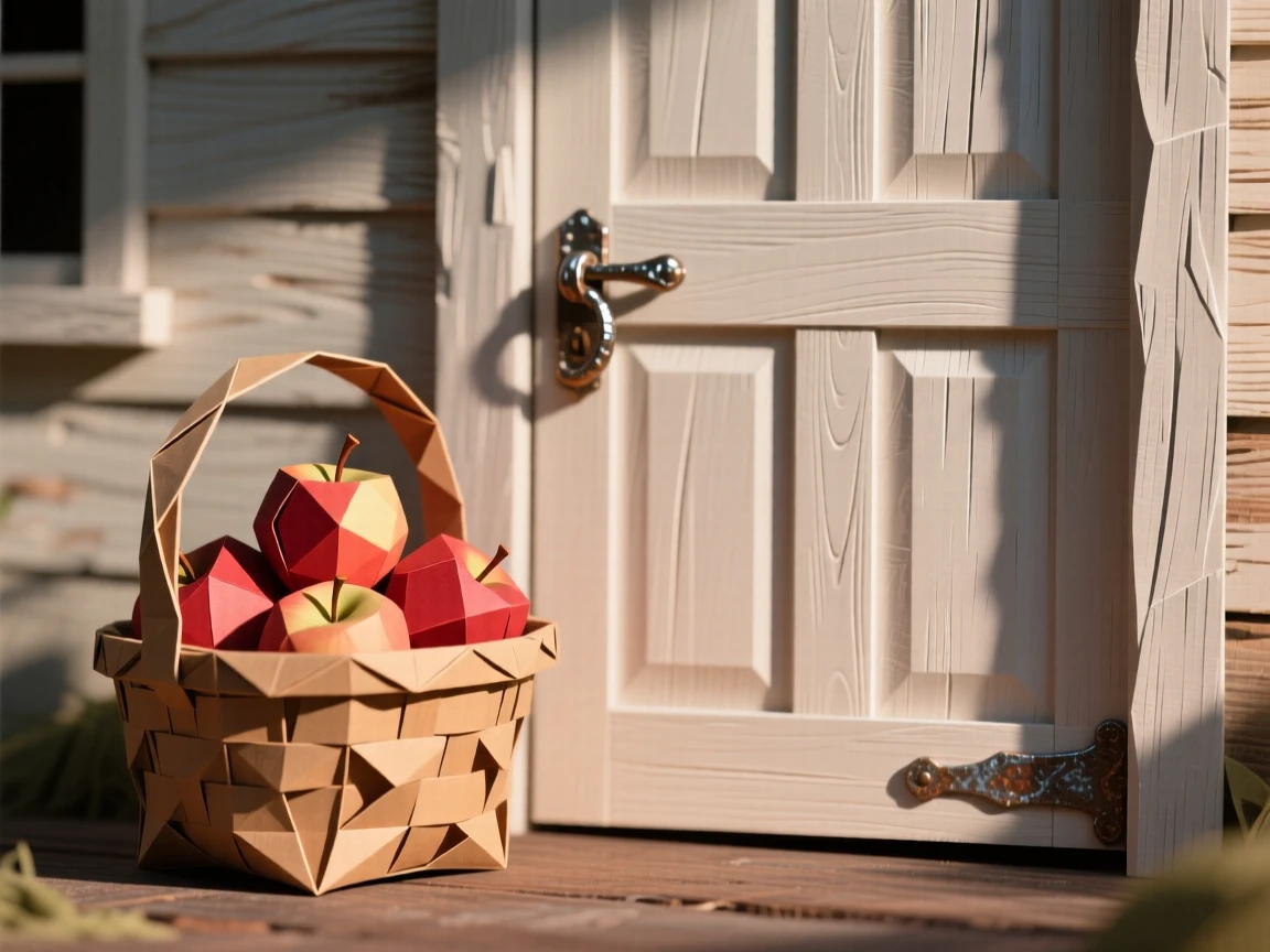 A basket of freshly picked apples resting beside a rustic farmhouse door.