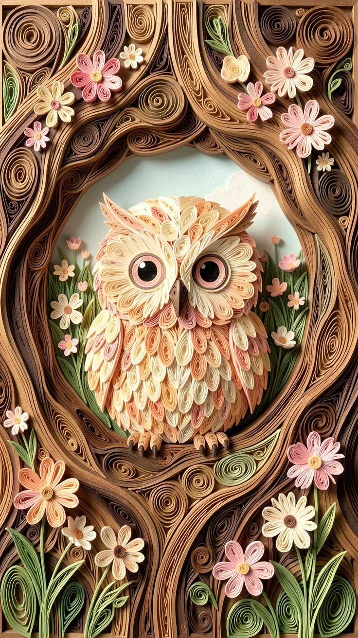 a wide-eyed baby owl peeking out of a tree hollow, in a sunlit meadow scattered with wildflowers, shown from a gentle overhead perspective, in warm pastel tones of peach, cream, and soft pink.