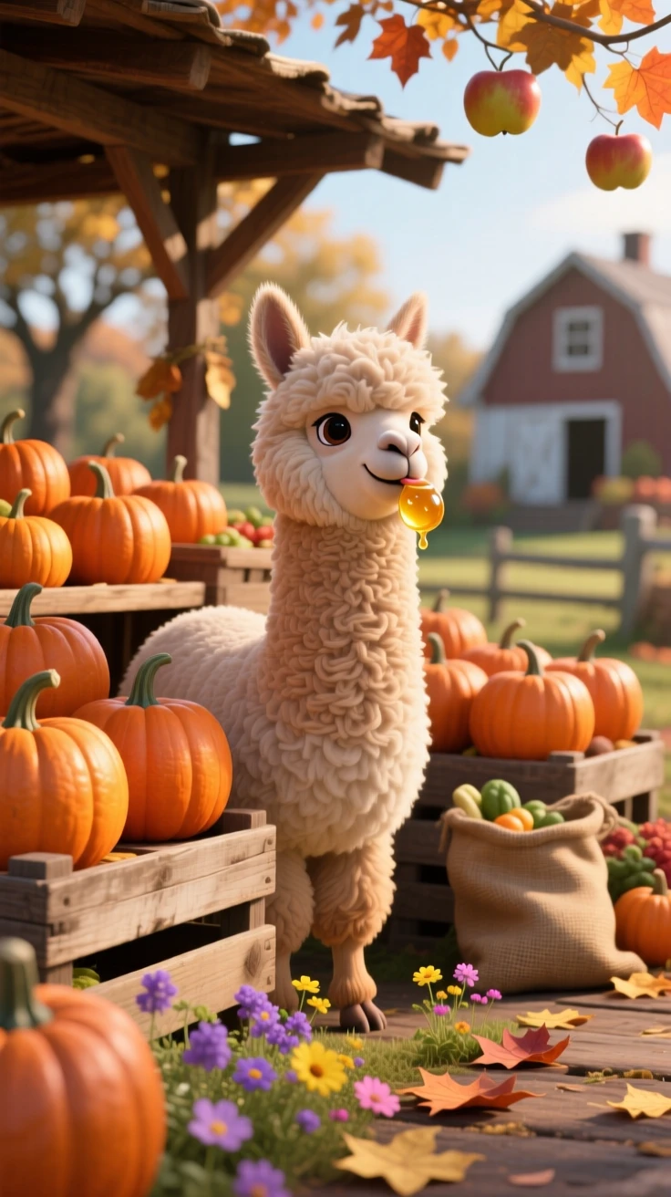 A fluffy alpaca is hiding among rows of pumpkins at a farm stand, licking a drop of honey off its nose. A quiet, comforting sweetness surrounds the scene, with a scattering of small flowers around it.
