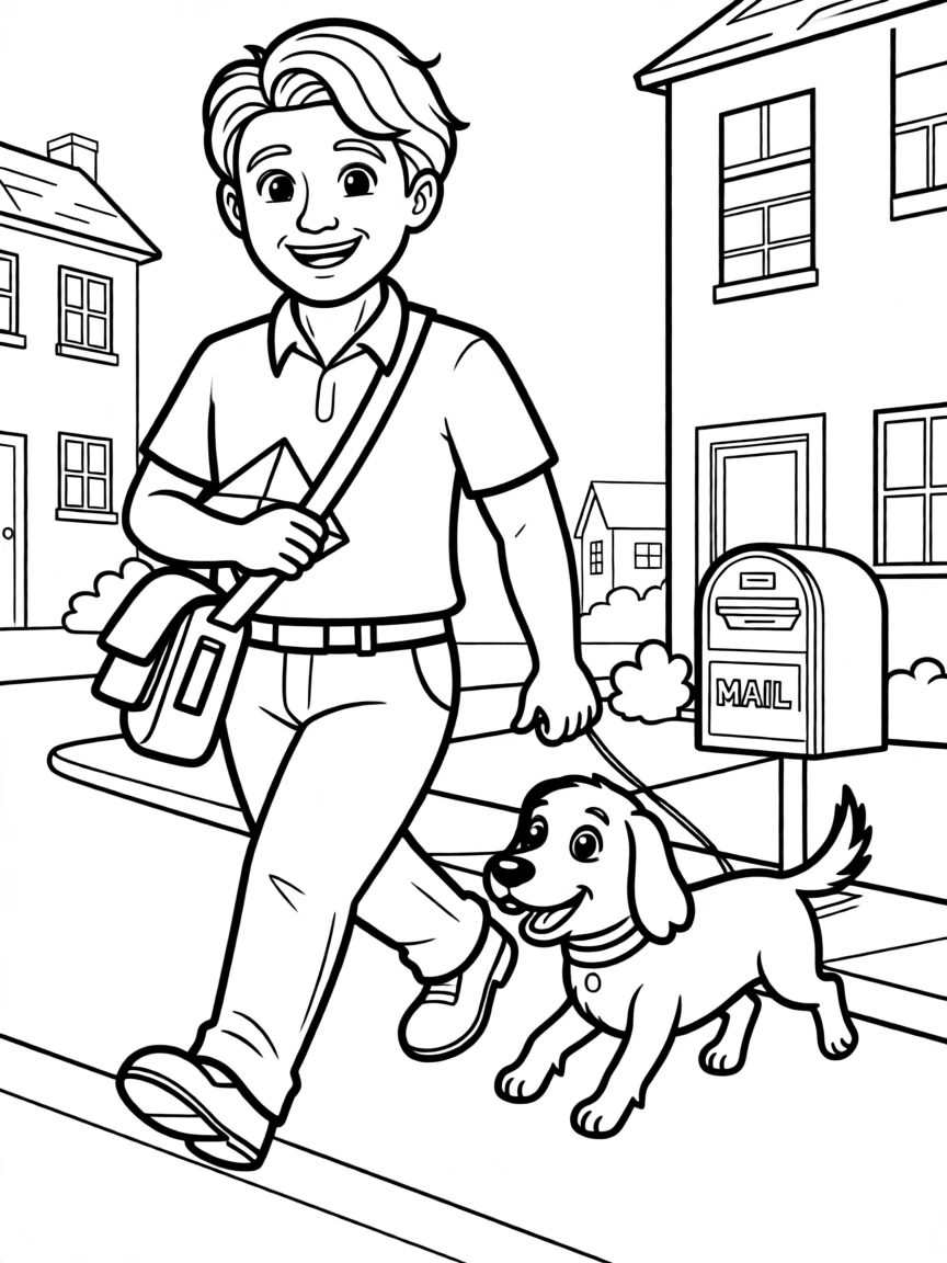 A postal carrier delivering mail with a friendly dog following along