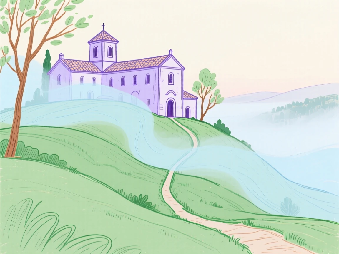 A hillside monastery wrapped in morning mist.