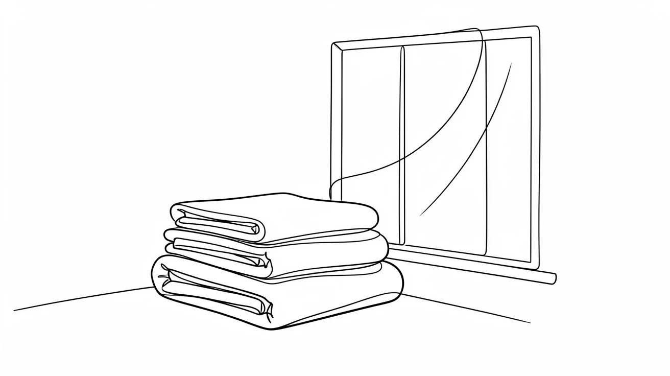 A stack of folded towels beside a sunlit bathroom window
