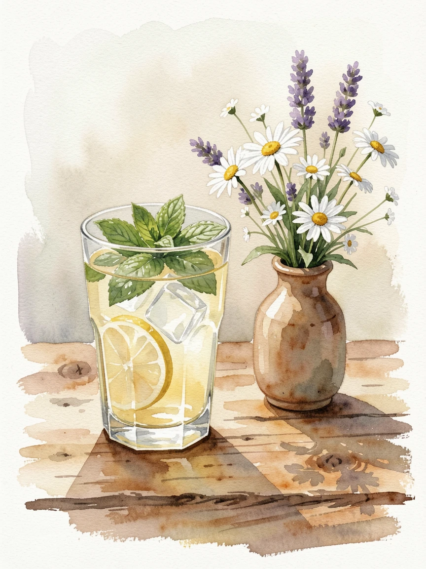 A glass of iced lemonade with mint leaves on a rustic wooden table with a small vase of flowers nearby.
