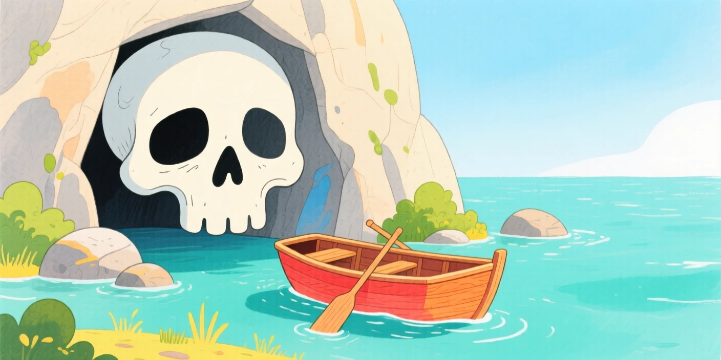 A thrilling glimpse of a small rowboat approaching a cave marked with a skull-shaped rock.