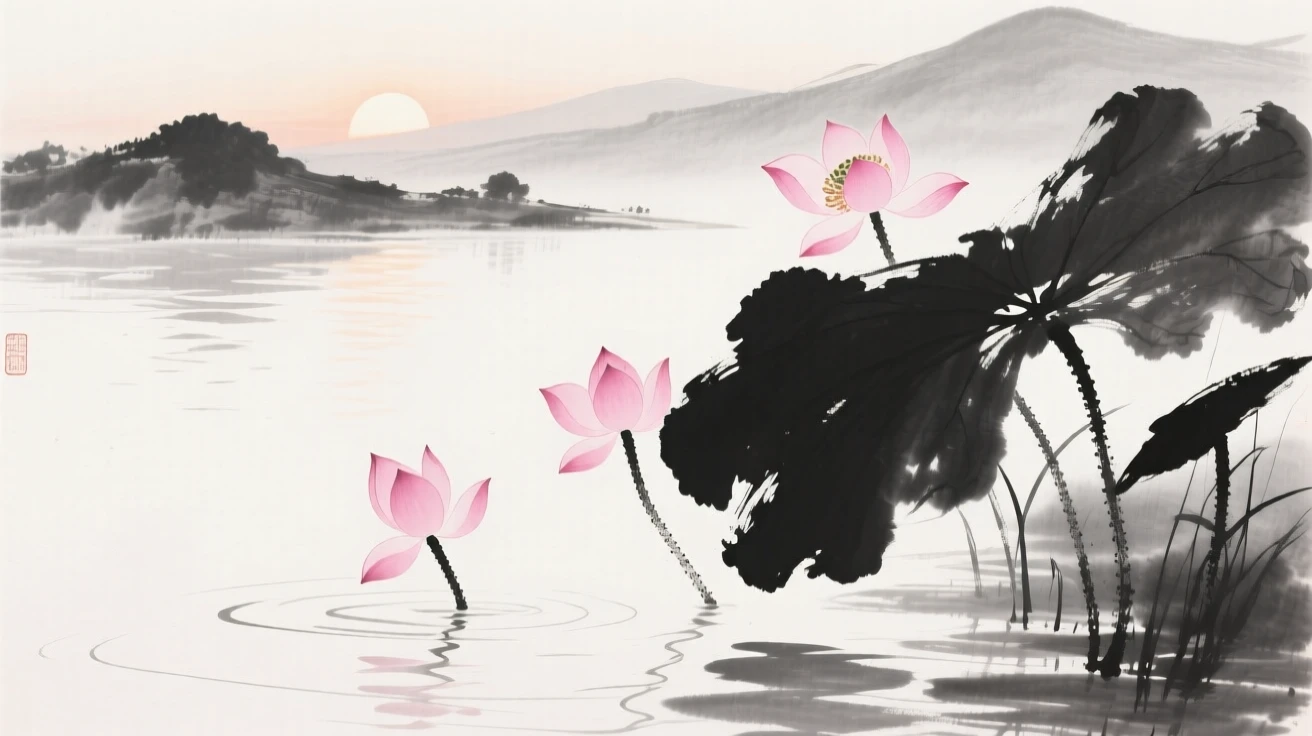 Pink lotus blossoms open across a still pond at dawn, with distant hills visible beyond the pond.