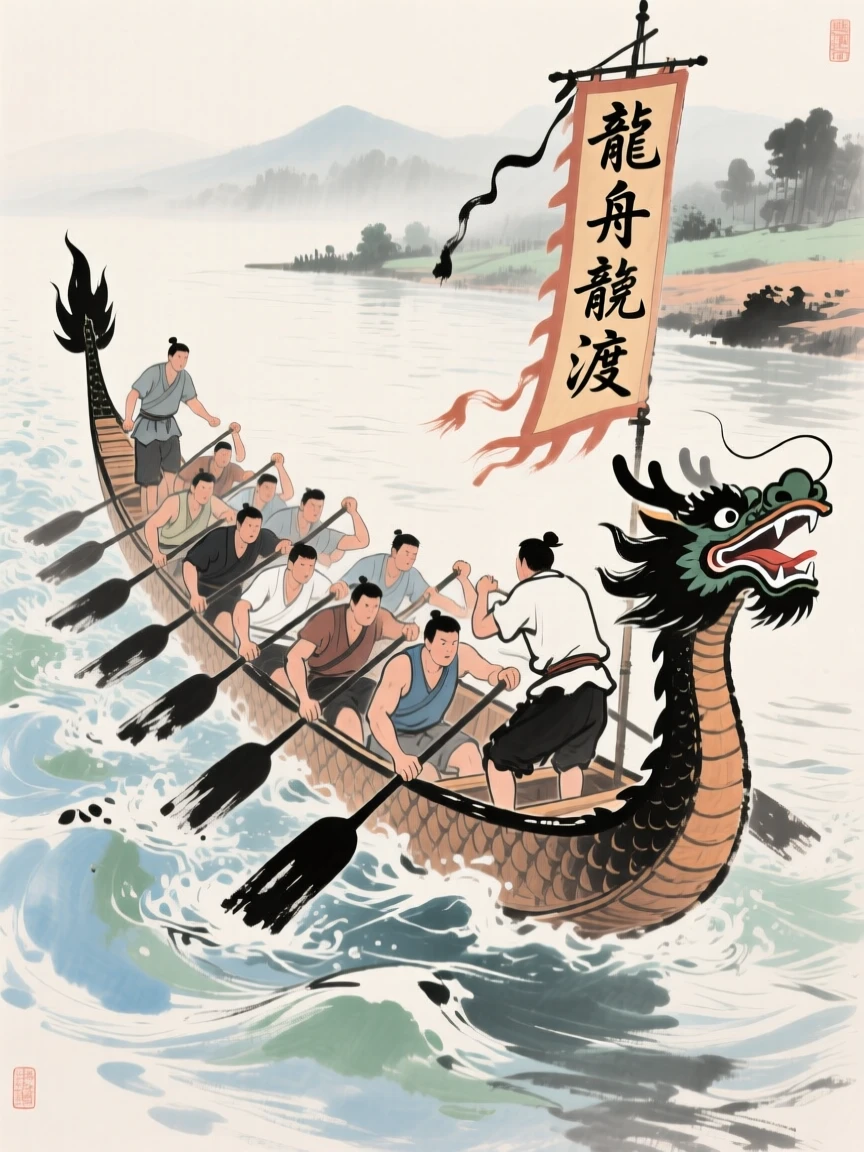 A dragon boat race with rowers straining against a swift river current, imbued with timeless calm.