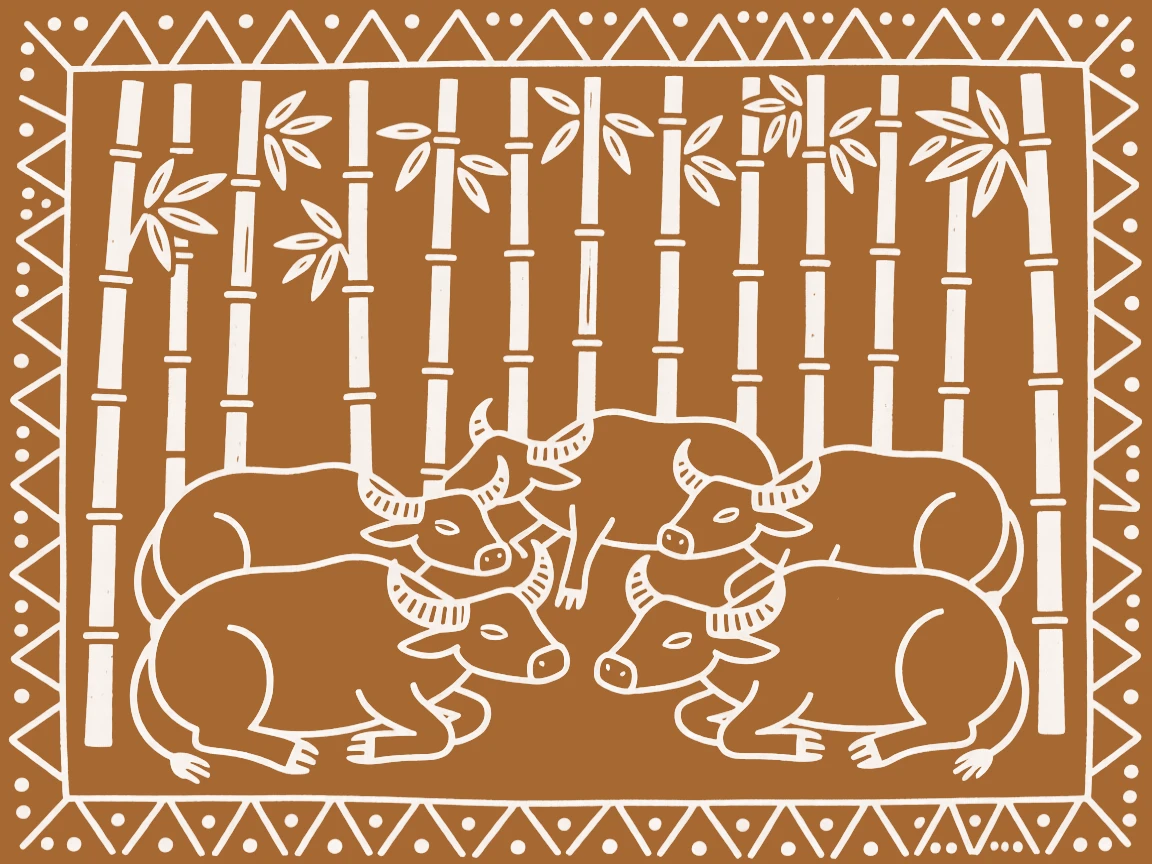 A herd of buffalo resting in a bamboo thicket.