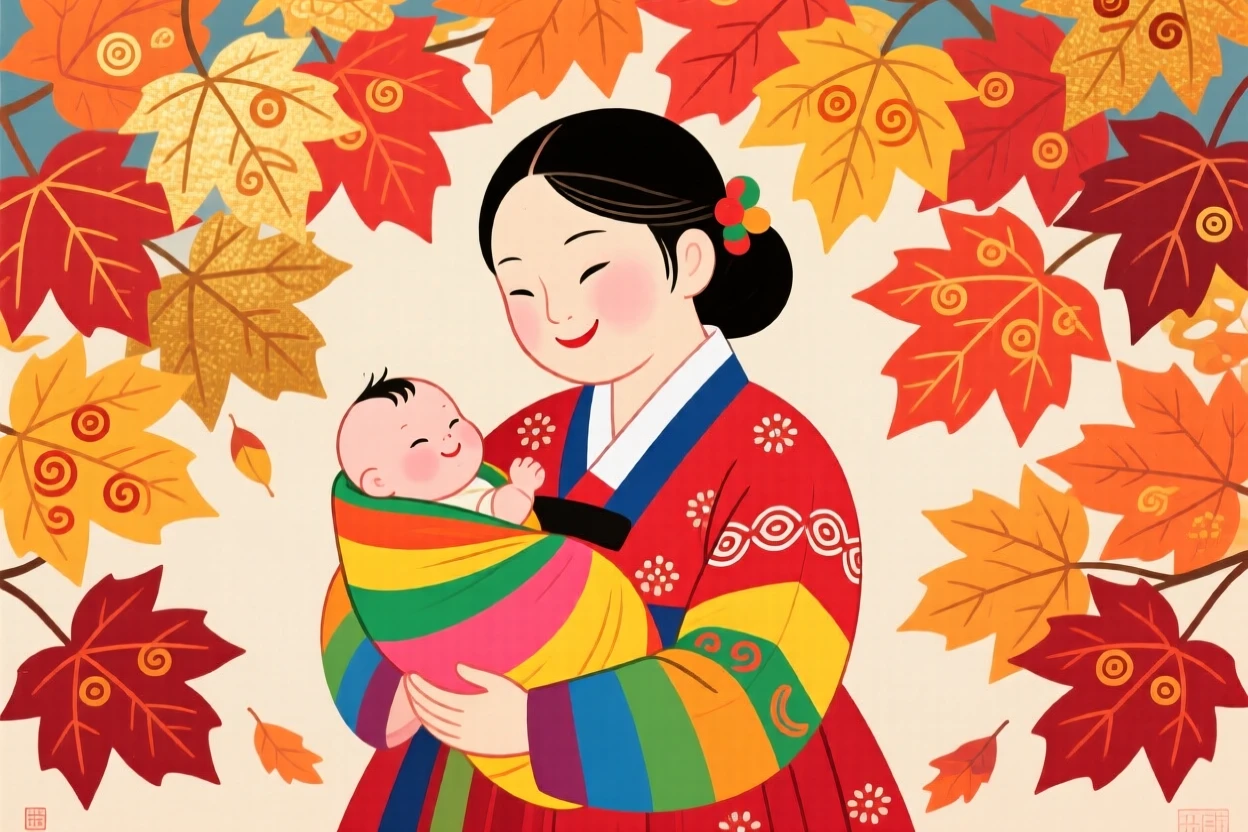 A mother carrying a baby wrapped in bright cloth beneath a canopy of autumn leaves.