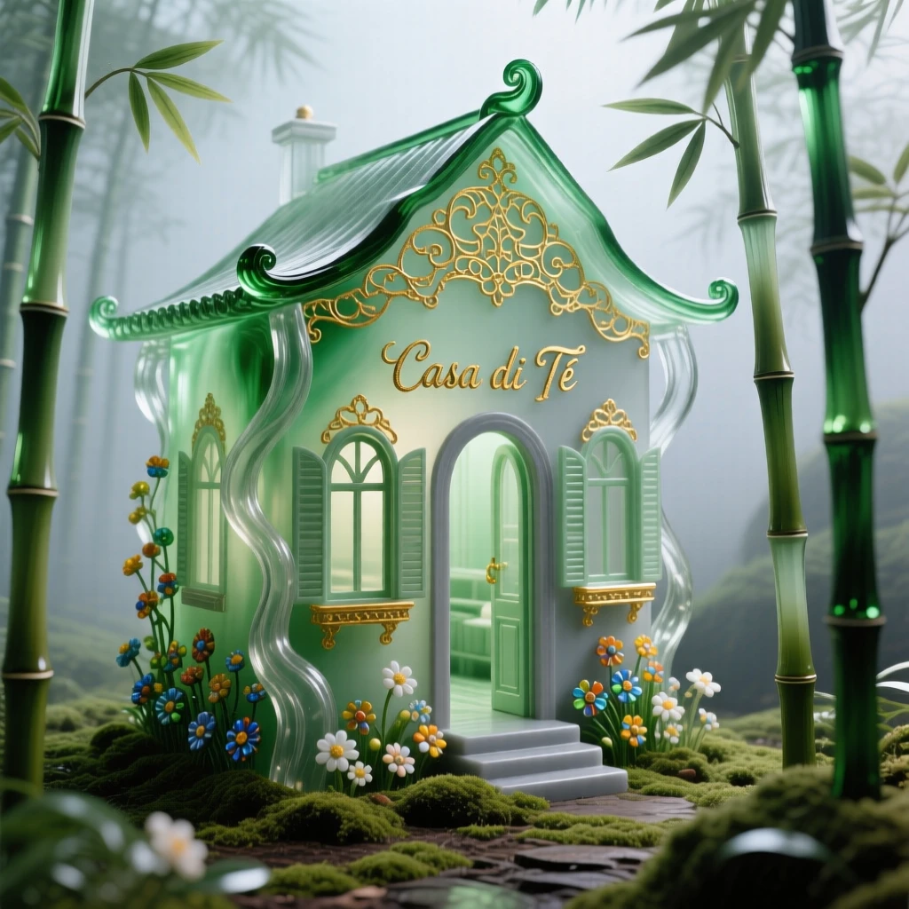 A traditional teahouse nestled among a misty bamboo grove, peaceful and inviting.