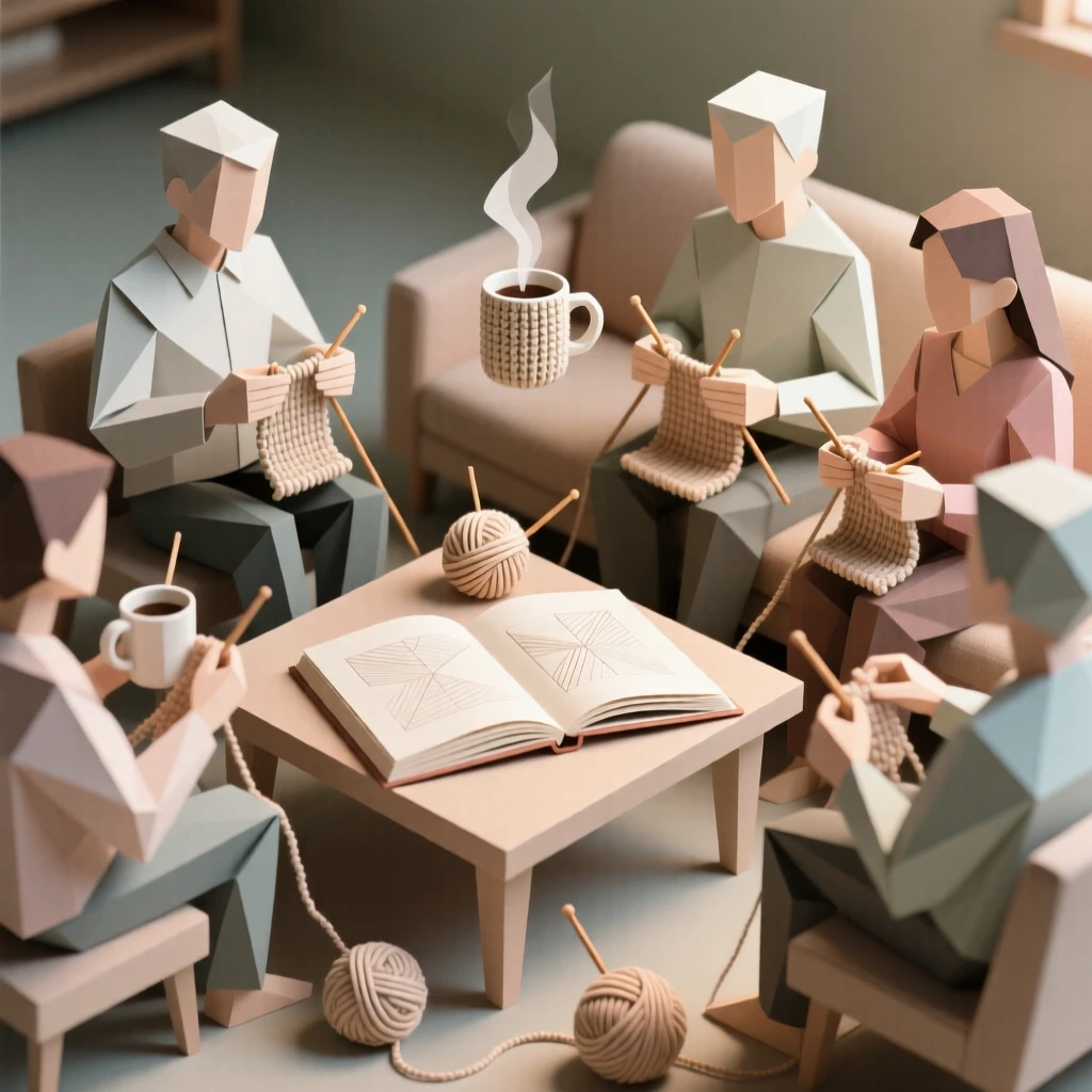 A knitting circle of friends gathered around a coffee table with mugs of tea.