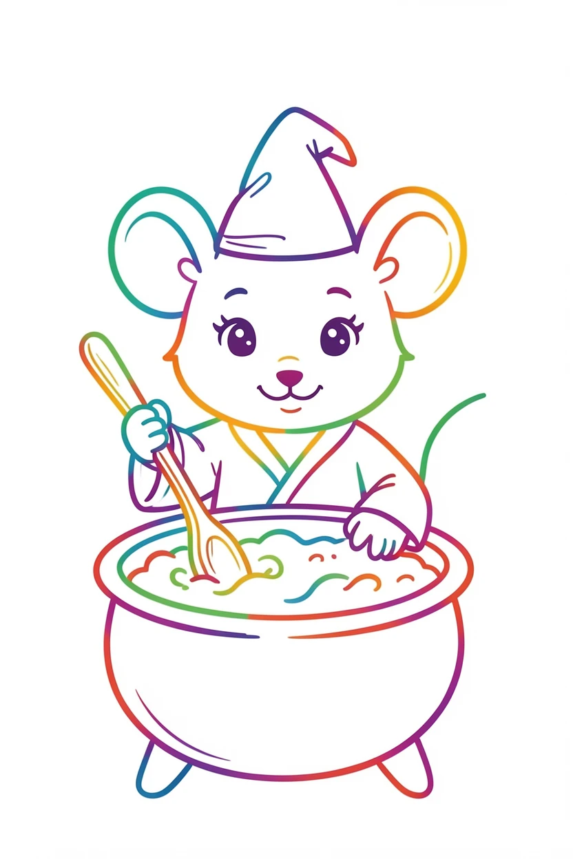 A tiny wizard mouse character stirring a cauldron with a wooden spoon.