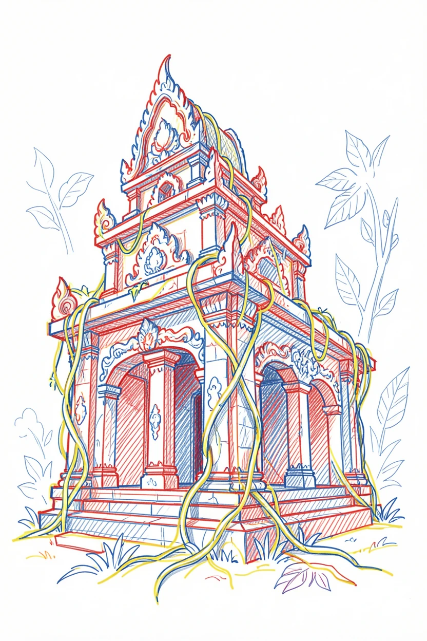 An ornate ancient temple partially reclaimed by jungle vines