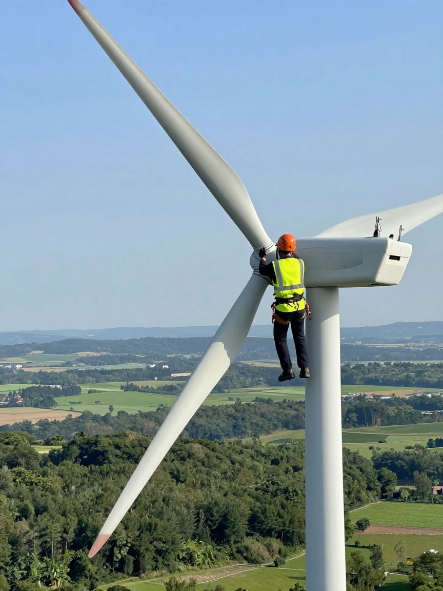 A wind turbine technician working high above a green valley