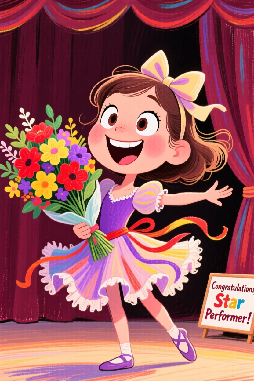 A young girl receiving her first bouquet after a dance recital.
