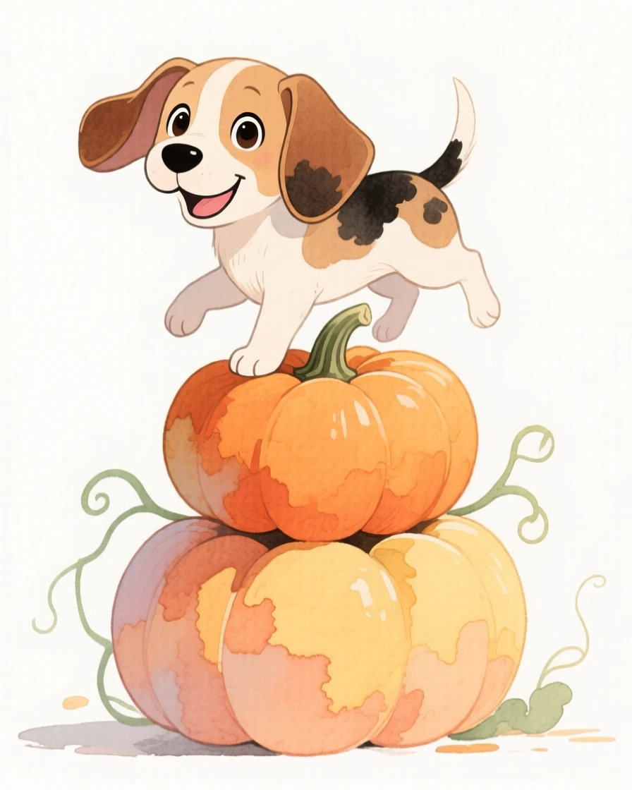 A playful beagle puppy balancing on a stack of pumpkins