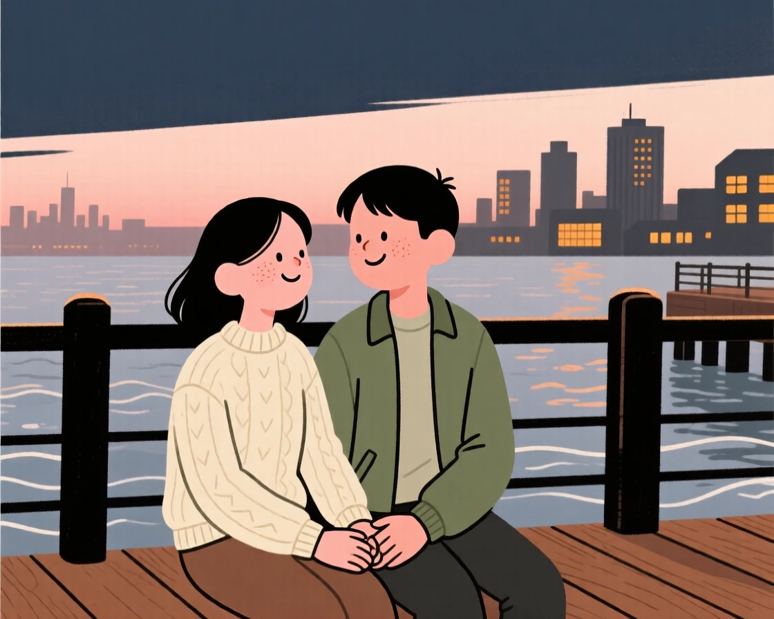 A couple shares a quiet moment on a pier railing at dawn, holding hands in comfortable silence as the city lights begin to glow surrounds them.