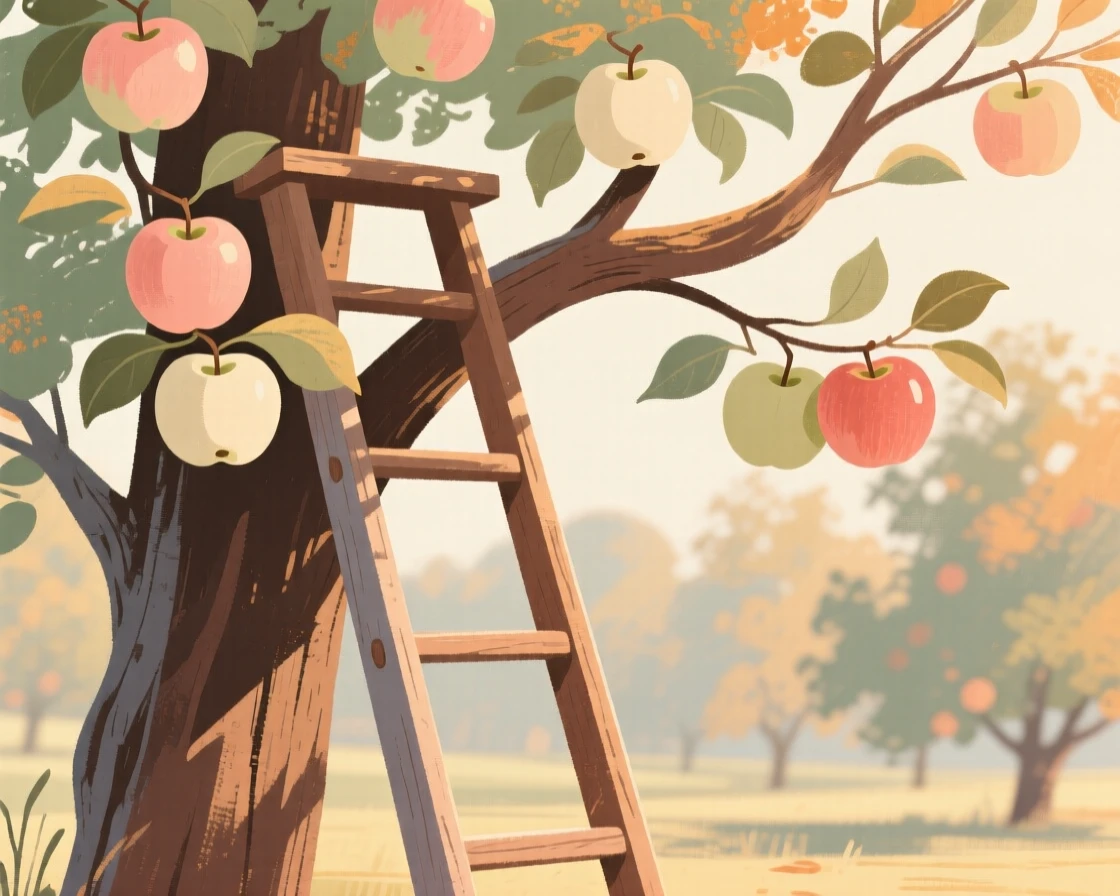 An orchard ladder resting against a tree heavy with autumn apples