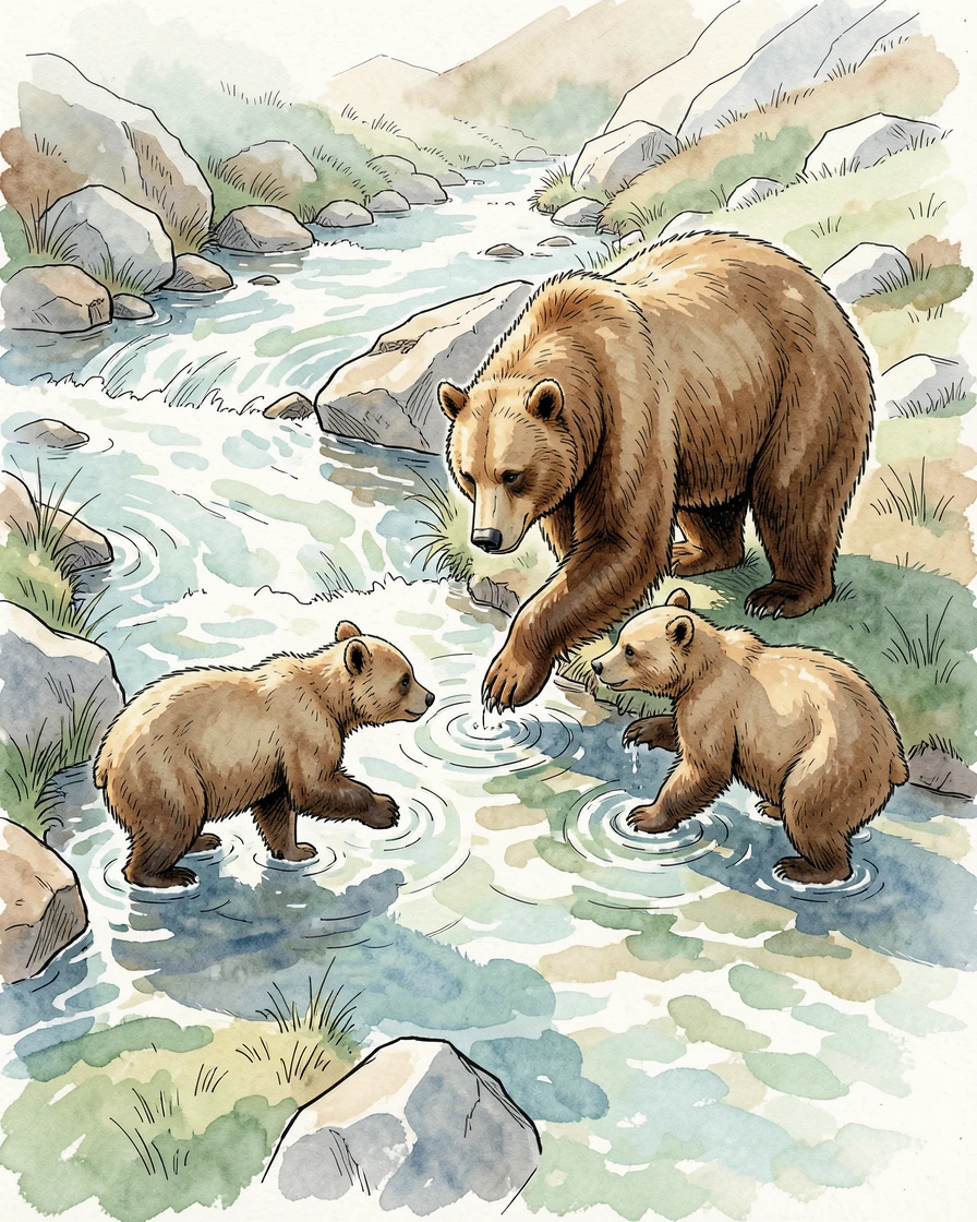 A mother bear teaching her cubs to fish in a rushing stream, soft shadows stretching long across the ground.