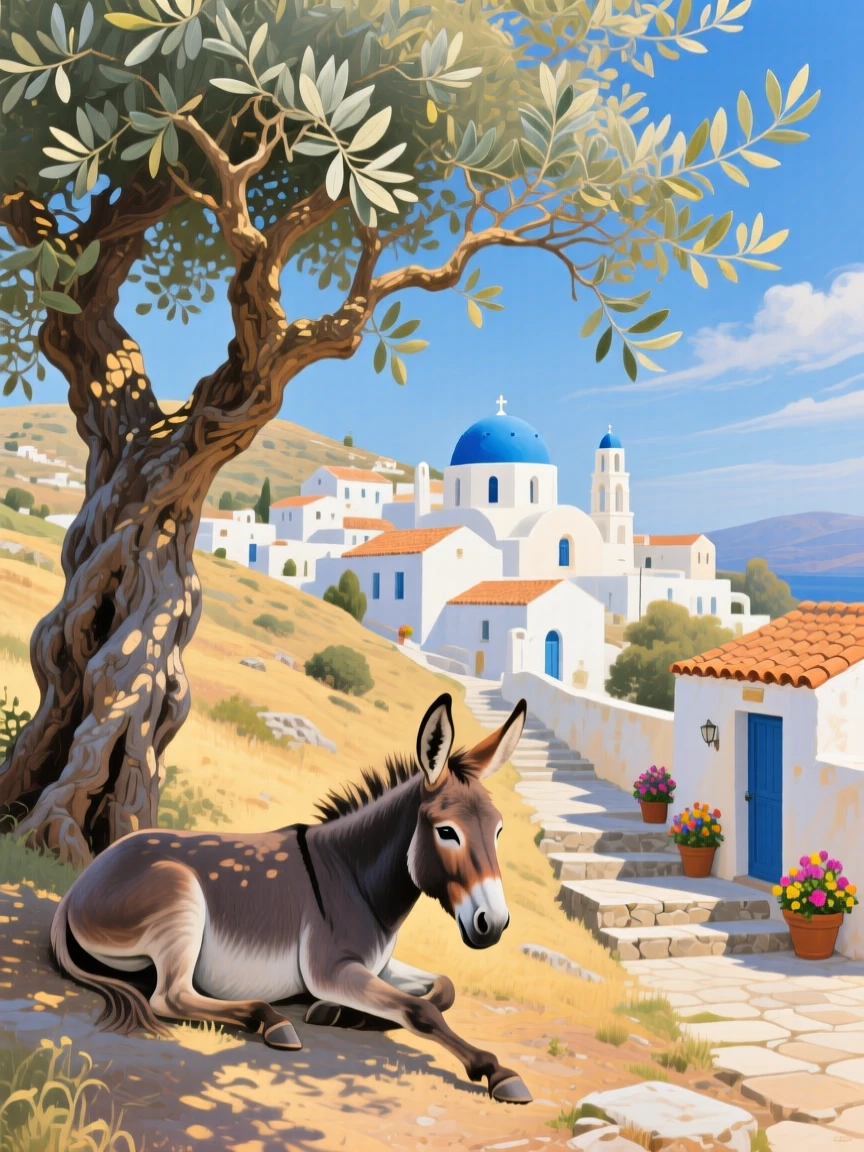 A gentle donkey rests in the shade of an olive tree on a Greek hillside, whitewashed buildings visible in the village below, small details in its fur or feathers catching the light with remarkable clarity.
