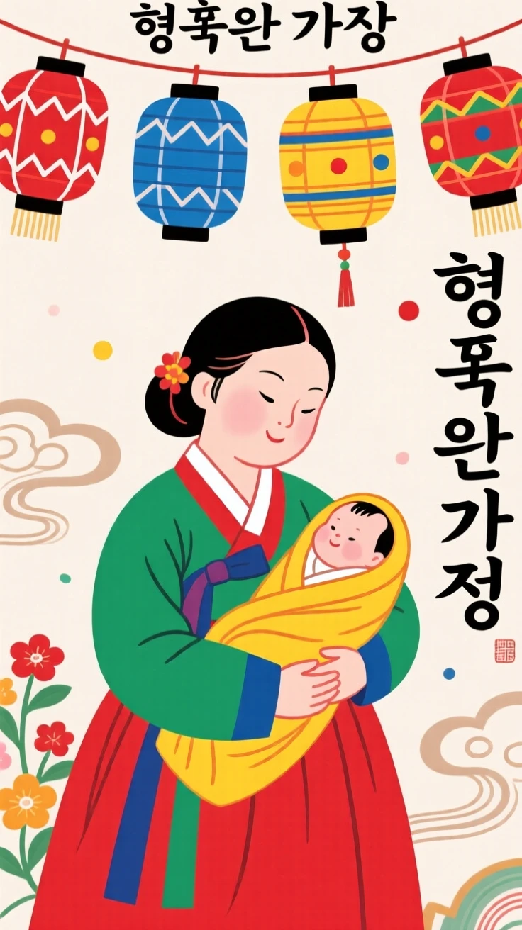 A mother carrying a baby wrapped in bright cloth, under strings of paper lanterns.