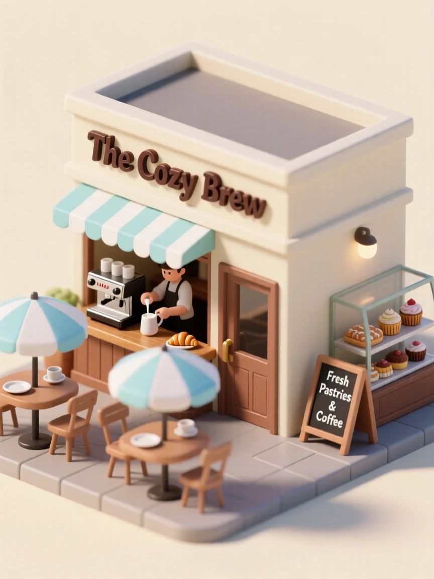 A charming café with outdoor tables under striped umbrellas, a barista steaming milk, and pastries arranged in a glass display case.