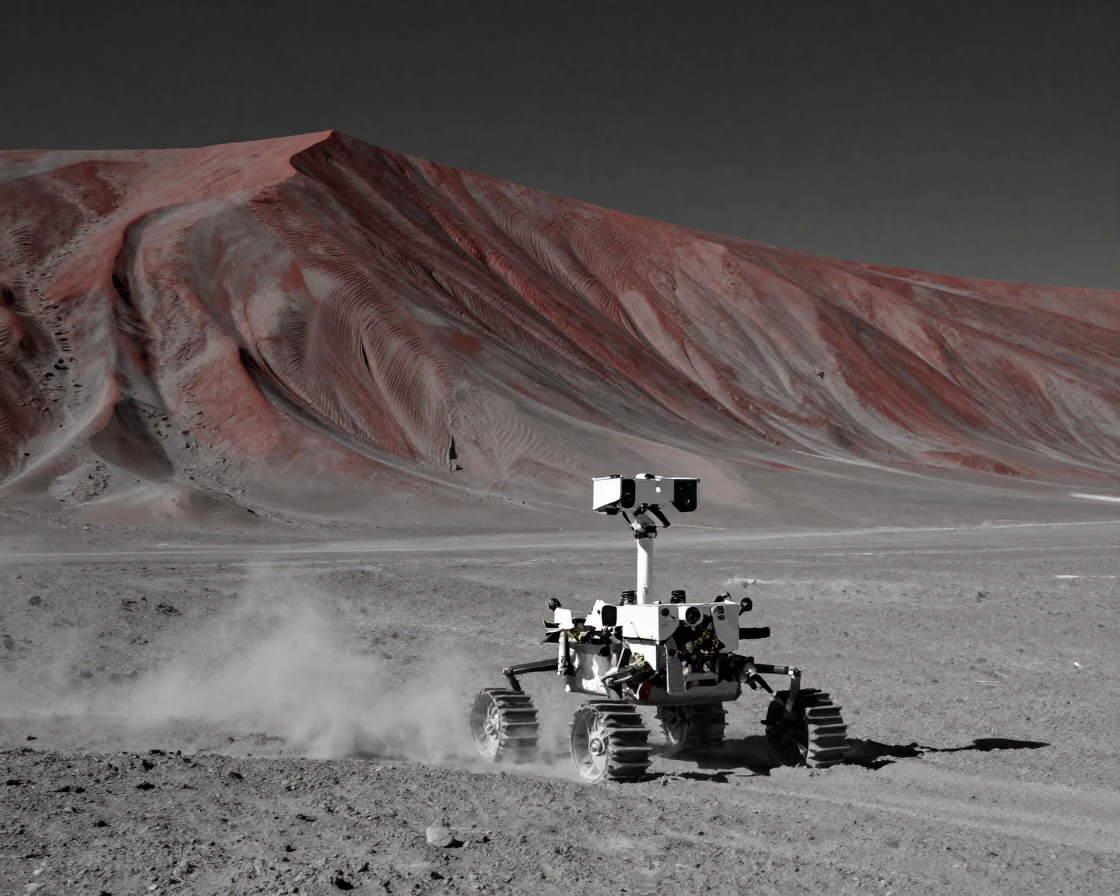 A rover explores the dusty surface of a distant planet beside towering red dunes.