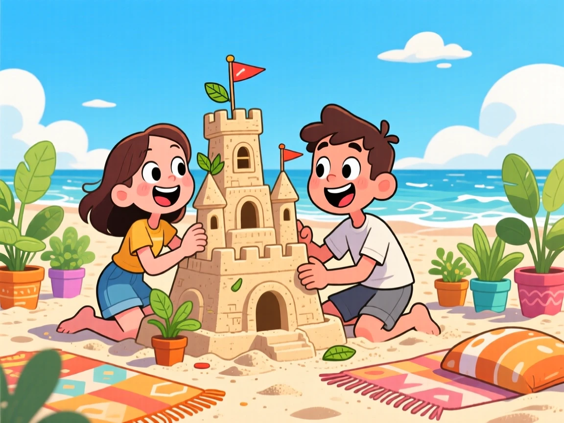 A heartwarming scene of a couple on their first date building a sandcastle together at the beach, surrounded by house plants and cozy blankets.